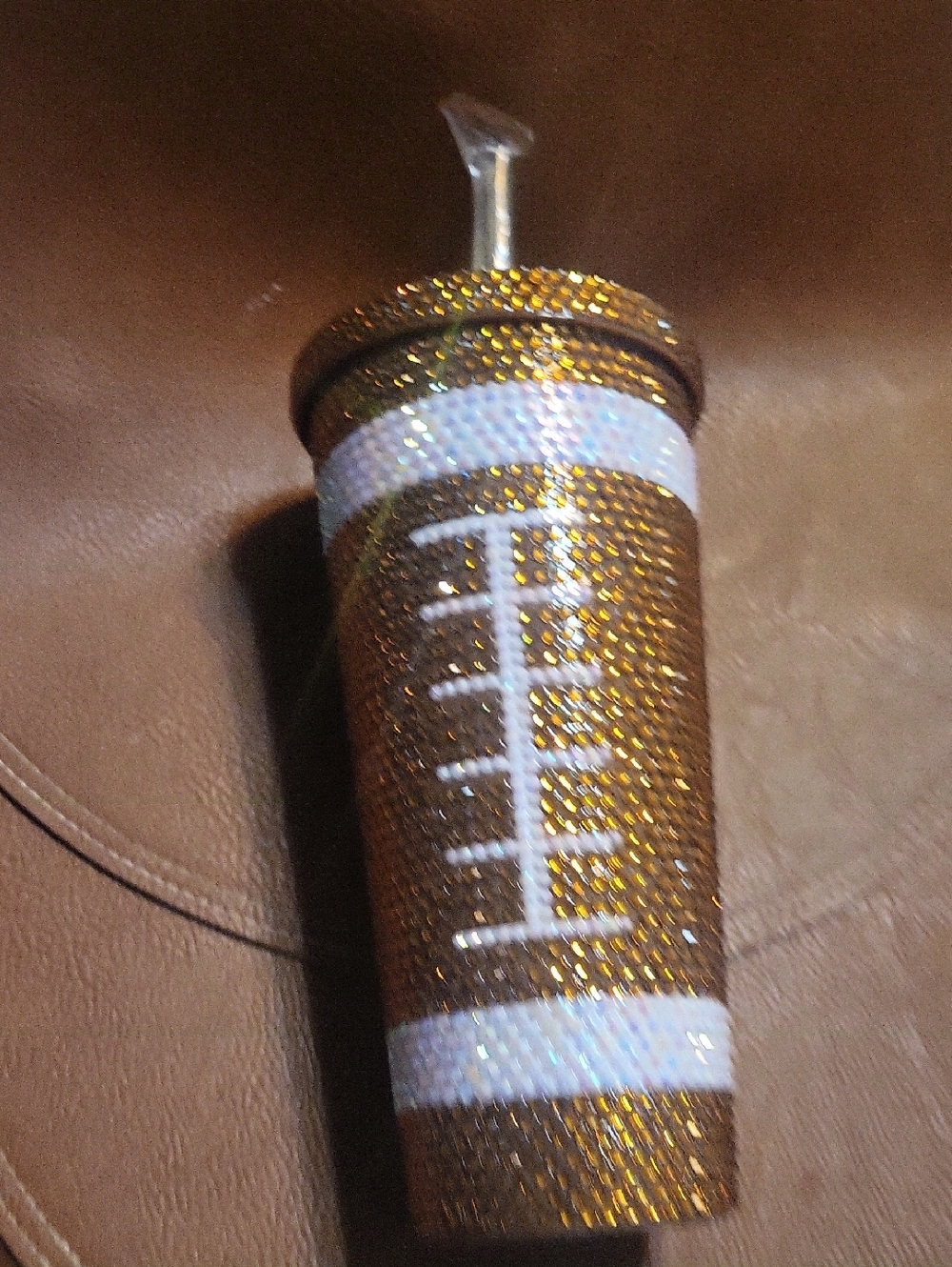 Glitter Football Tumbler Cup with Straw - Gold